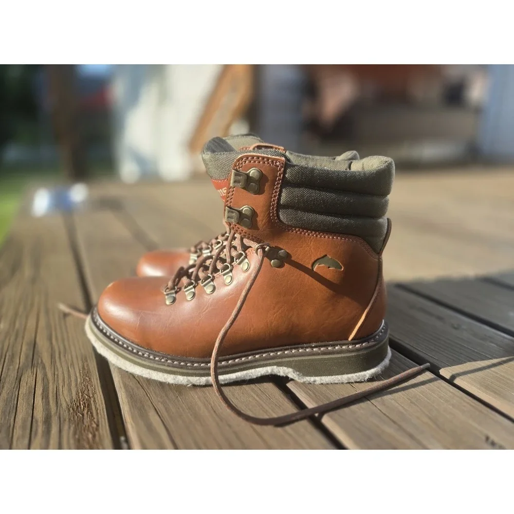 Simms Fly Fishing Wading Boots Felt Sole Brown Leather Men's Size 9 USA Trout
